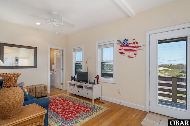 living room featuring light wood finished floors, beam ceiling, baseboards, visible vents, and ceiling fan