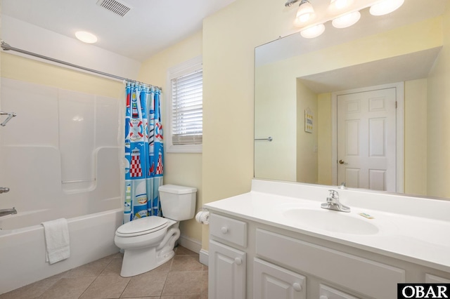 full bath featuring tile patterned floors, toilet, visible vents, shower / bathtub combination with curtain, and vanity