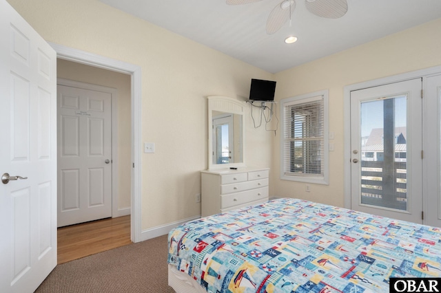 bedroom with ceiling fan, carpet floors, baseboards, access to outside, and recessed lighting