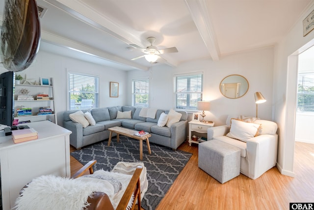 24217 N Holiday Blvd Lot 79, Rodanthe, NC 27968 - living room featuring wood finished floors, beam ceiling, and a ceiling fan