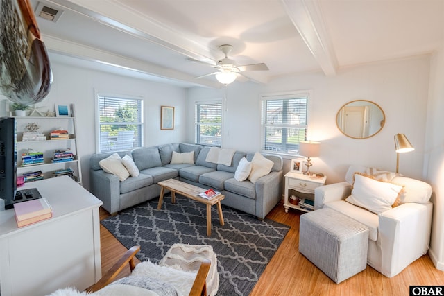 24217 N Holiday Blvd Lot 79, Rodanthe, NC 27968 - living area with beam ceiling, wood finished floors, and ceiling fan