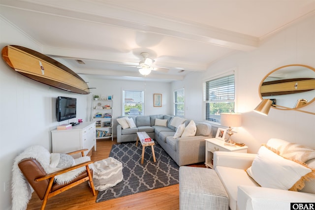 24217 N Holiday Blvd Lot 79, Rodanthe, NC 27968 - living area featuring wood finished floors, beamed ceiling, and ceiling fan