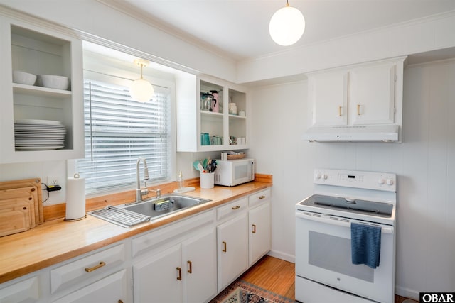 24217 N Holiday Blvd Lot 79, Rodanthe, NC 27968 - kitchen featuring white appliances, under cabinet range hood, white cabinets, open shelves, and hanging light fixtures