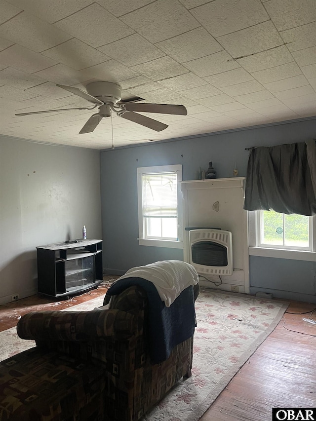 506 Poplar Branch Rd, Poplar Branch, NC 27965 - living room with heating unit, a ceiling fan, and wood finished floors