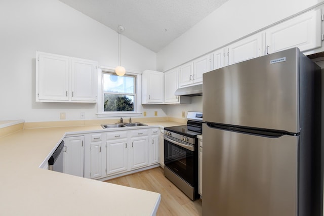 kitchen featuring under cabinet range hood, white cabinetry, stainless steel appliances, and a sink