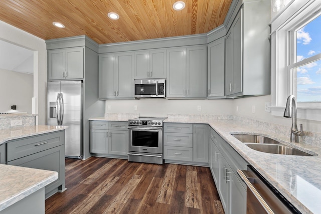 kitchen featuring stainless steel appliances, a sink, dark wood finished floors, and gray cabinetry