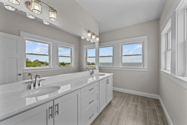 bathroom featuring double vanity, wood finish floors, a sink, and baseboards