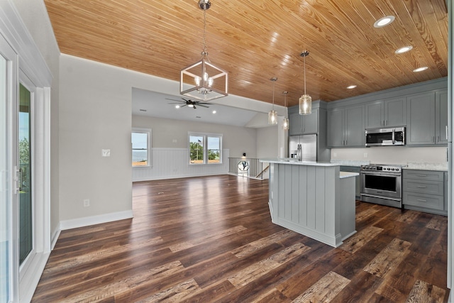 kitchen featuring hanging light fixtures, appliances with stainless steel finishes, gray cabinets, and a kitchen island with sink