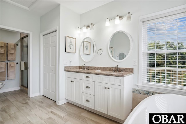 full bath with a closet, wood finished floors, a sink, and double vanity