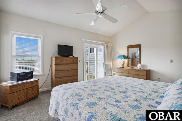 bedroom featuring light carpet, baseboards, a ceiling fan, and lofted ceiling