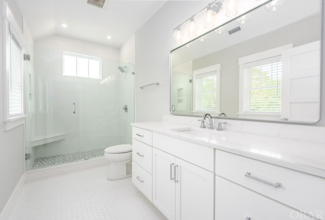 full bath featuring visible vents, toilet, a stall shower, vanity, and tile patterned floors