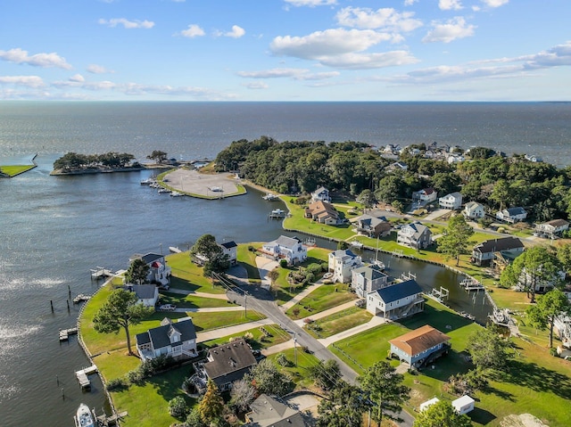 aerial view featuring a residential view and a water view