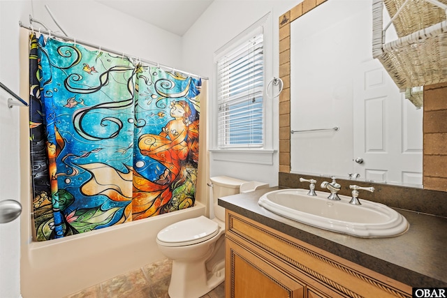 bathroom featuring shower / bath combination with curtain, vanity, and toilet