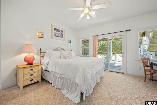 bedroom with baseboards, light carpet, access to exterior, and a ceiling fan