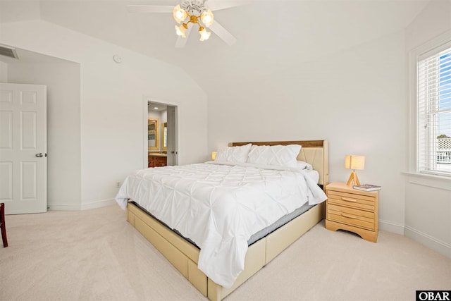 bedroom with baseboards, carpet, lofted ceiling, and a ceiling fan