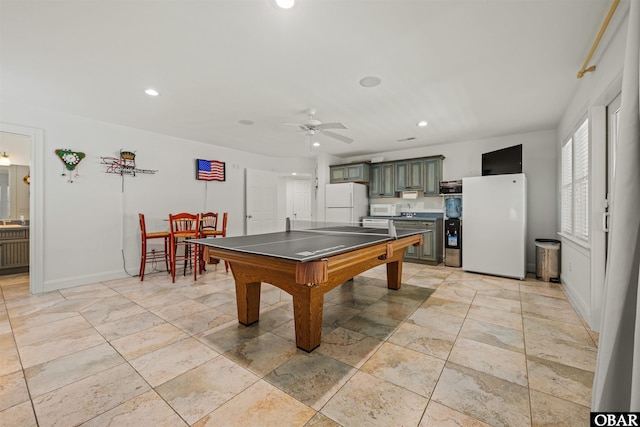 game room with recessed lighting, baseboards, and a ceiling fan