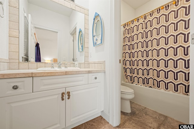 bathroom featuring vanity, shower / tub combo, toilet, and tile patterned flooring