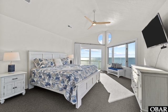 bedroom featuring baseboards, ceiling fan, access to outside, vaulted ceiling, and dark colored carpet