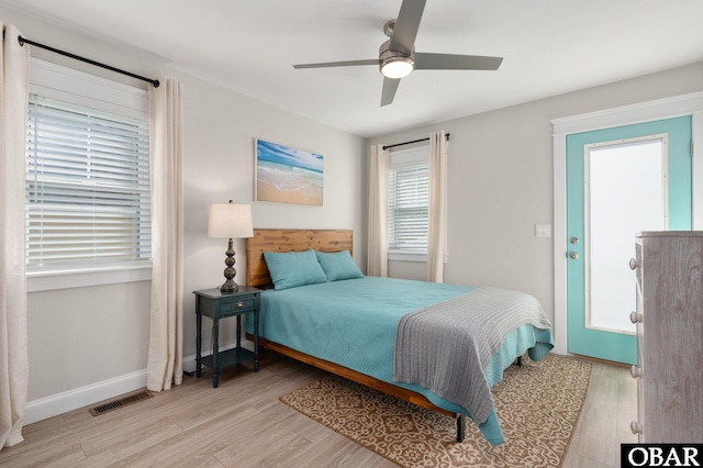 bedroom featuring a ceiling fan, baseboards, visible vents, and light wood finished floors