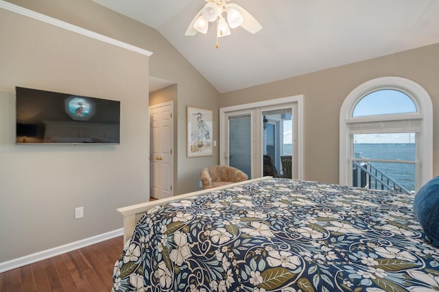 bedroom with baseboards, ceiling fan, wood finished floors, access to outside, and lofted ceiling