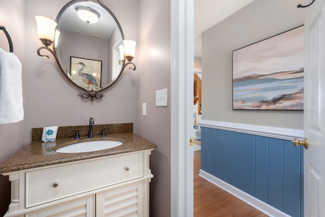 bathroom with wood finished floors, vanity, and wainscoting