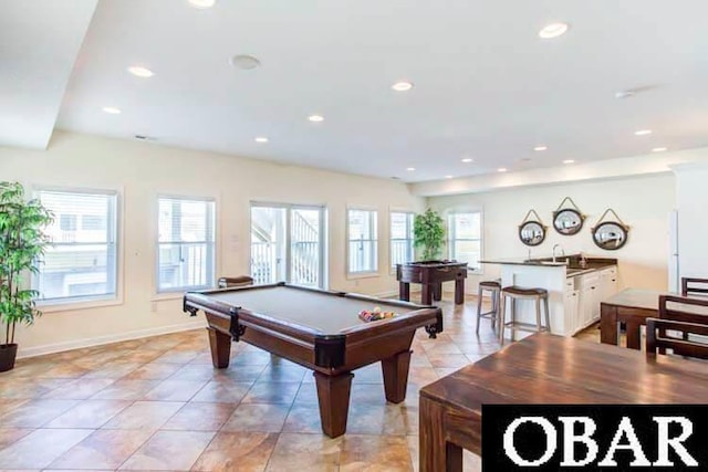 game room featuring recessed lighting, light tile patterned flooring, billiards, and baseboards