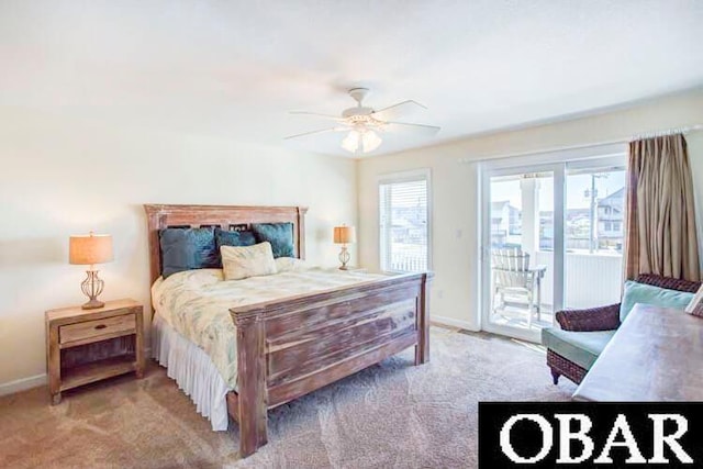 bedroom featuring access to exterior, carpet, baseboards, and ceiling fan