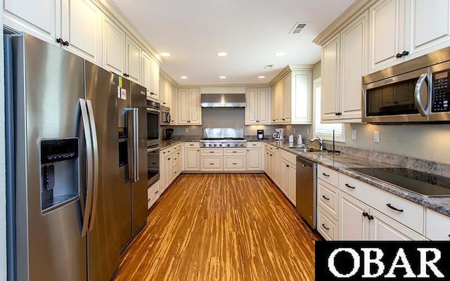 kitchen with recessed lighting, appliances with stainless steel finishes, a sink, ventilation hood, and wood finished floors