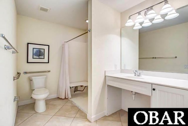 bathroom with tile patterned flooring, toilet, a shower with shower curtain, visible vents, and vanity