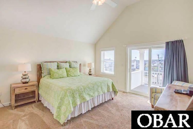 bedroom with carpet, access to outside, high vaulted ceiling, and ceiling fan