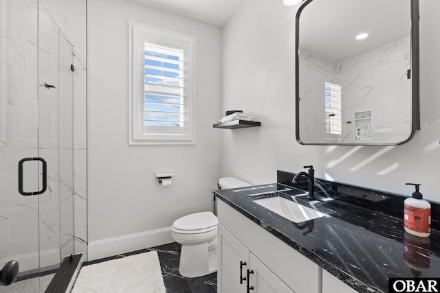 full bathroom with baseboards, toilet, marble finish floor, vanity, and a shower stall