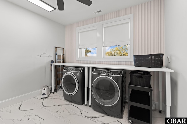 washroom featuring marble finish floor, visible vents, laundry area, independent washer and dryer, and baseboards