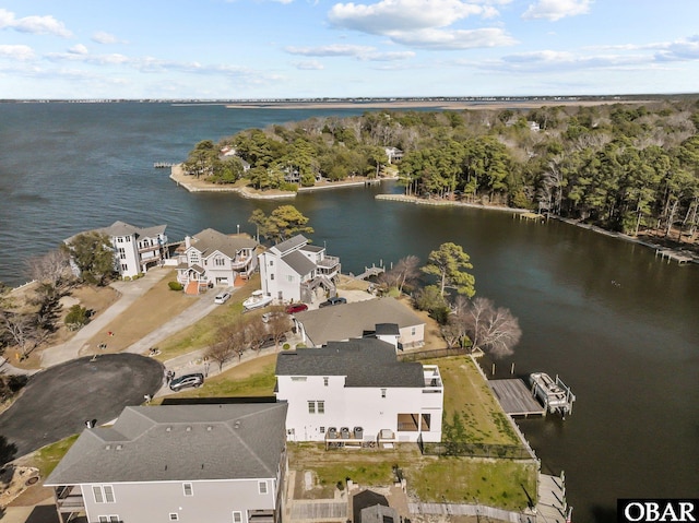 bird's eye view featuring a water view and a residential view