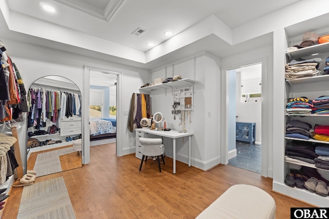 spacious closet with visible vents, a tray ceiling, and light wood-style flooring