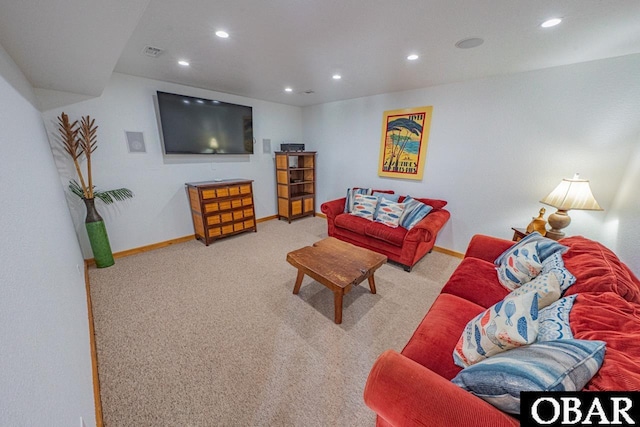 carpeted living room with recessed lighting, visible vents, and baseboards