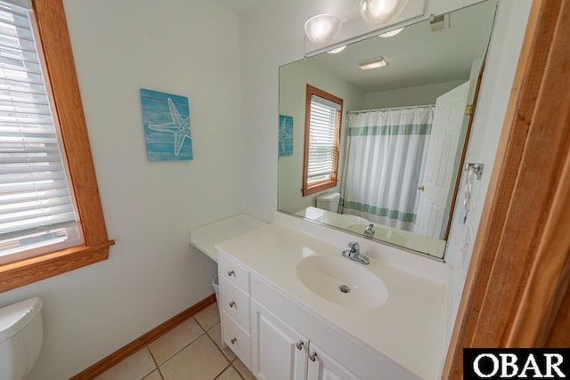 full bath with baseboards, toilet, tile patterned flooring, and vanity