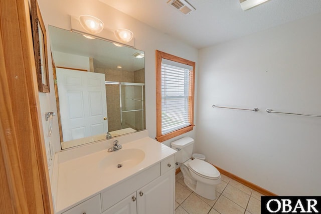 bathroom featuring tile patterned flooring, toilet, vanity, visible vents, and a stall shower
