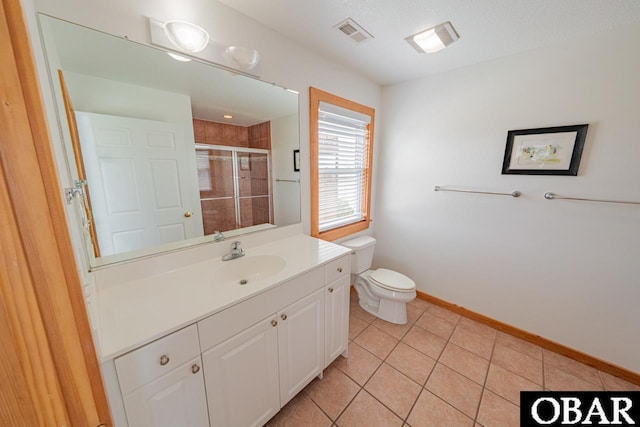 bathroom featuring vanity, tile patterned floors, toilet, a stall shower, and baseboards