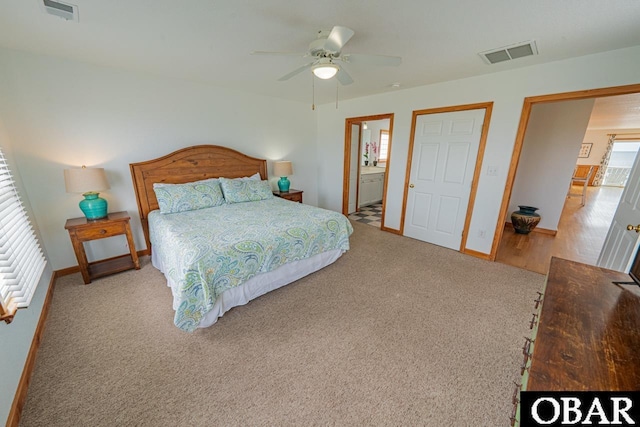bedroom featuring carpet, visible vents, ceiling fan, and baseboards