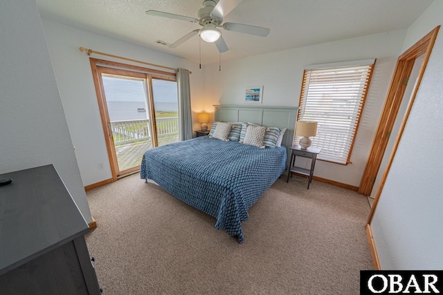 carpeted bedroom with baseboards, access to exterior, and multiple windows