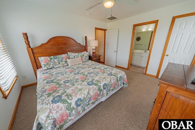 bedroom featuring baseboards, visible vents, ceiling fan, and carpet flooring