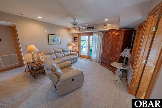 39972 NC-12 Hwy Lot 15, Avon, NC 27915 - living area with visible vents, recessed lighting, light colored carpet, and a ceiling fan