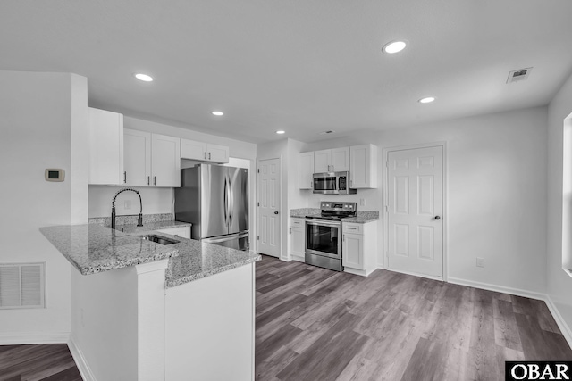 113 Otter Way Lot 68, South Mills, NC 27976 - kitchen featuring appliances with stainless steel finishes, a peninsula, light stone counters, white cabinets, and recessed lighting