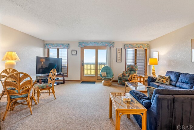 carpeted living room with a textured ceiling, a textured wall, and baseboards