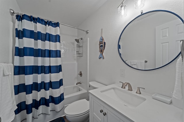 full bathroom with toilet, shower / bath combination with curtain, and vanity