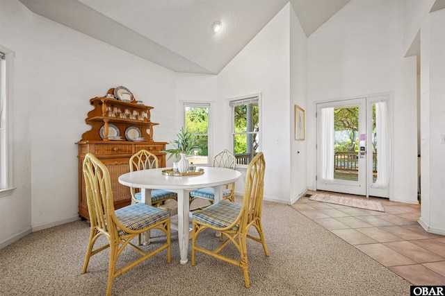 506 Magnolia Way Lot 29, Corolla, NC 27927 - tiled dining room with healthy amount of natural light, high vaulted ceiling, and carpet