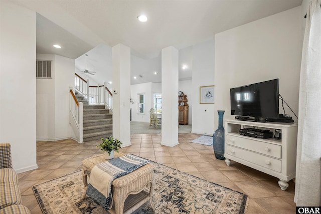 506 Magnolia Way Lot 29, Corolla, NC 27927 - living area with stairway, light tile patterned floors, a ceiling fan, and recessed lighting