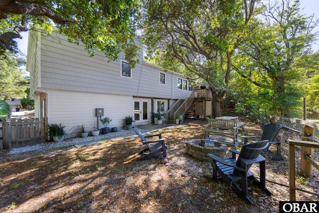 24 First Ave Lot # 14, Southern Shores, NC 27949 - back of house featuring fence, stairs, an outdoor fire pit, a deck, and french doors