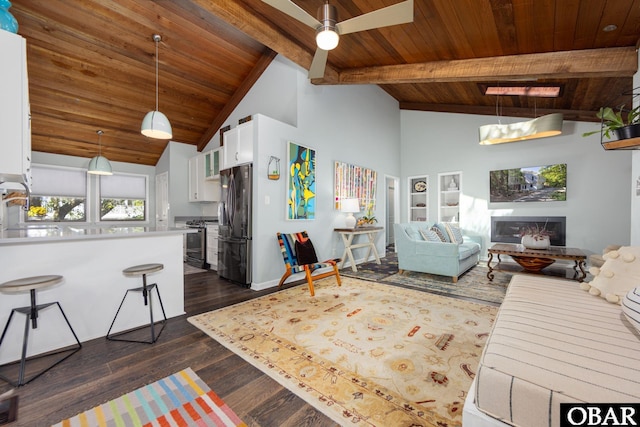24 First Ave Lot # 14, Southern Shores, NC 27949 - living room featuring dark wood-style flooring, high vaulted ceiling, baseboards, wooden ceiling, and beamed ceiling