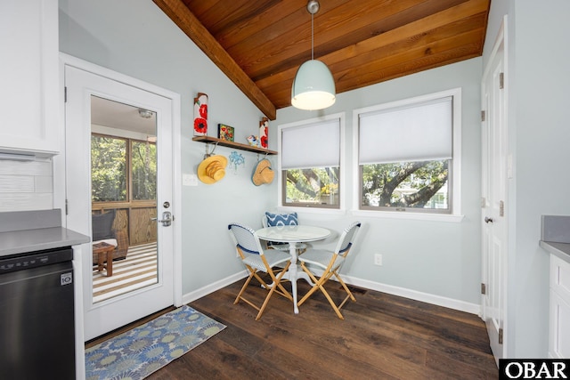 24 First Ave Lot # 14, Southern Shores, NC 27949 - dining space with wood ceiling, baseboards, dark wood-style flooring, and lofted ceiling